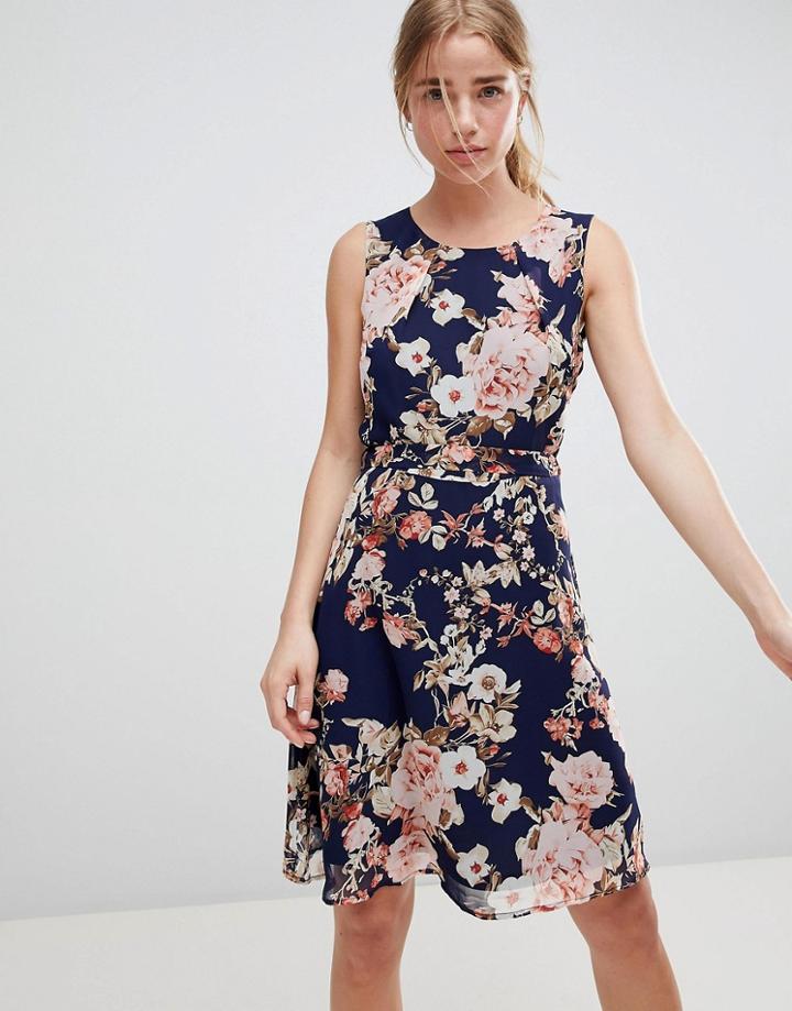 Qed London Floral Print Skater Dress - Navy