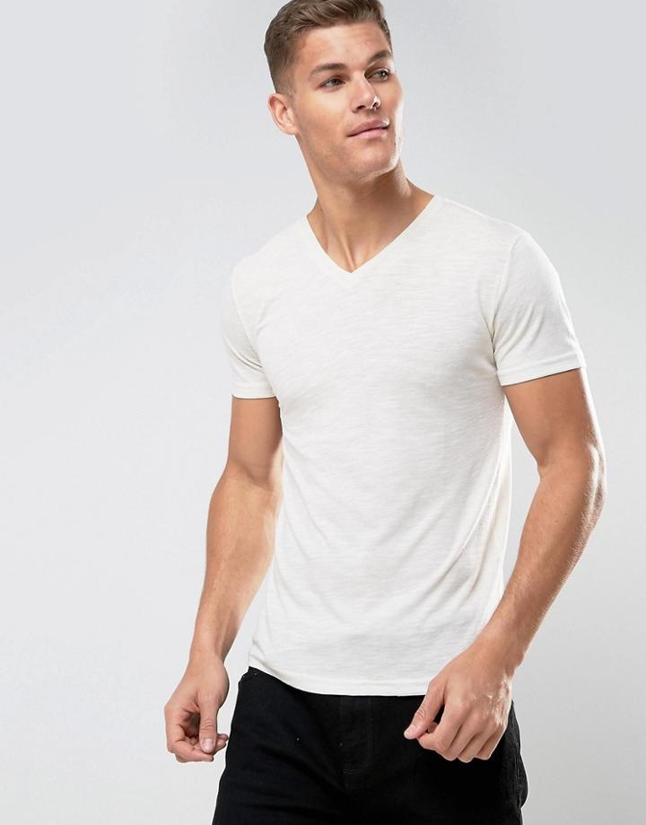 Tom Tailor V-neck T-shirt In Melange Cotton - White