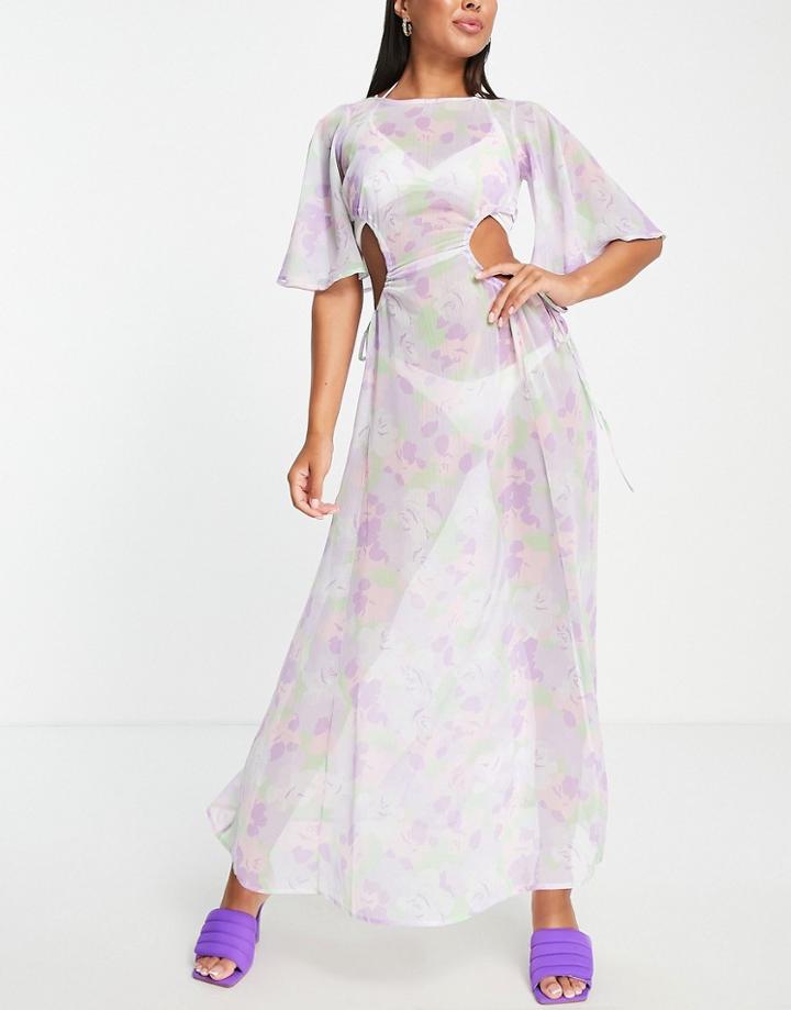 Asos Design Angel Sleeve Sheer Beach Maxi Dress In Floral Print-multi