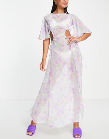 Asos Design Angel Sleeve Sheer Beach Maxi Dress In Floral Print-multi