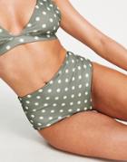 Asos Design Recycled Mix And Match High Waist Bikini Bottom In Khaki Ivory Spot-multi