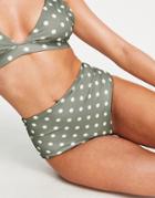 Asos Design Recycled Mix And Match High Waist Bikini Bottom In Khaki Ivory Spot-multi