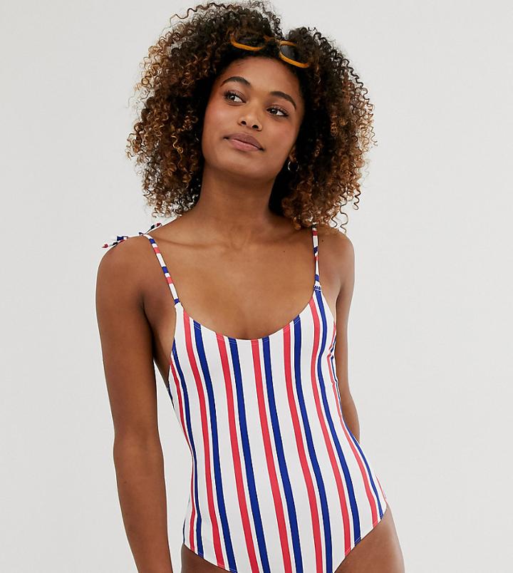 Monki Tie Strap Swimsuit In Nautical Stripe - Multi