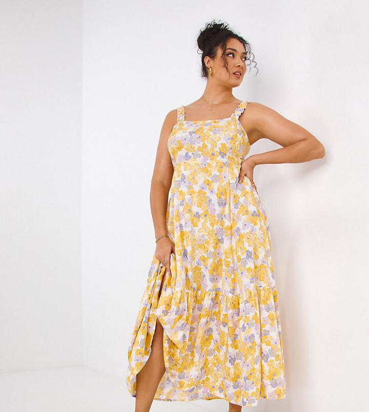 Simply Be Tiered Sundress In Yellow Floral-multi