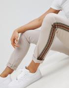 Asos Design Skinny Pants In Beige With Geo-tribal Side Taping - Beige