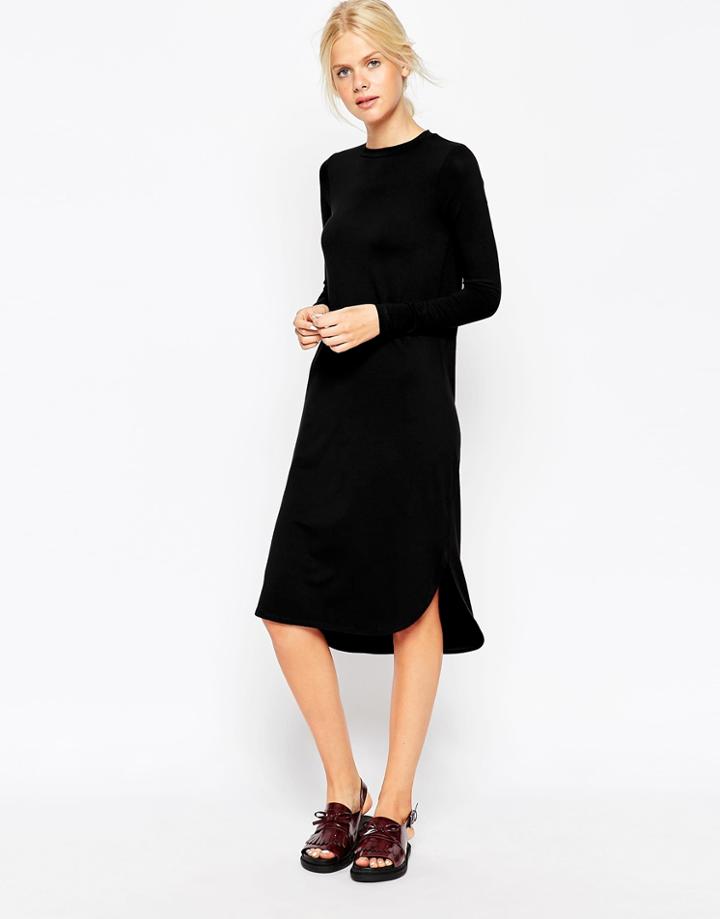 Asos Midi Dress With Curved Hem - Black