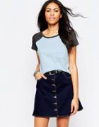 Brave Soul Cropped T-shirt With Contrast Sleeve & Front Pocket - Blue