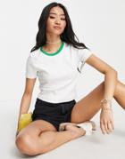 Asos Design Boxy Crop Tee In Rib With Contrast Binding In White And Green-multi