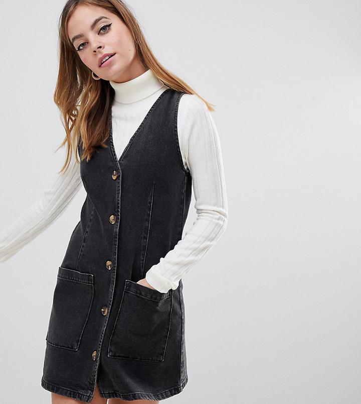 Asos Design Petite Denim Button Through V Neck Mini Pinifore Dress - Black