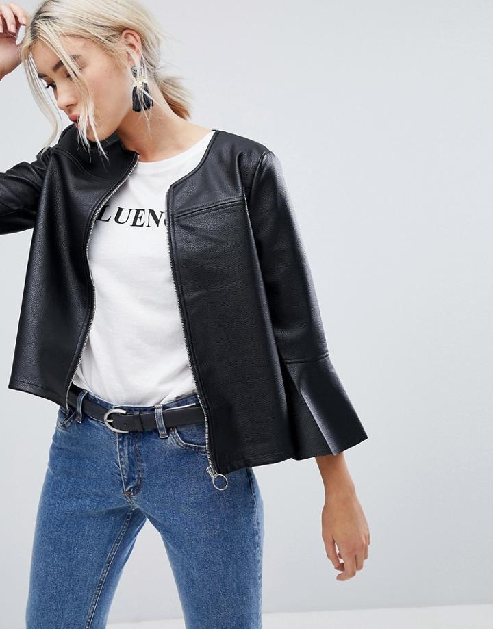 Vila Faux Leather Jacket With Fluted Sleeve - Black