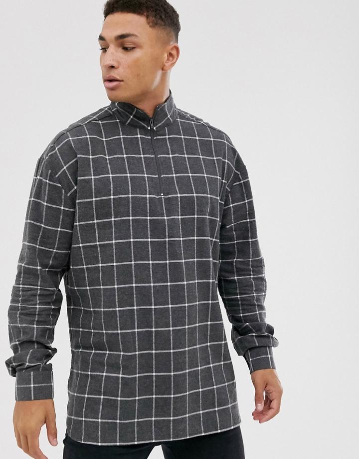 Asos Design Windowpane Check Shirt In Funnel Neck