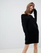Asos Design Off Shoulder Dress In Fluffy Yarn-black