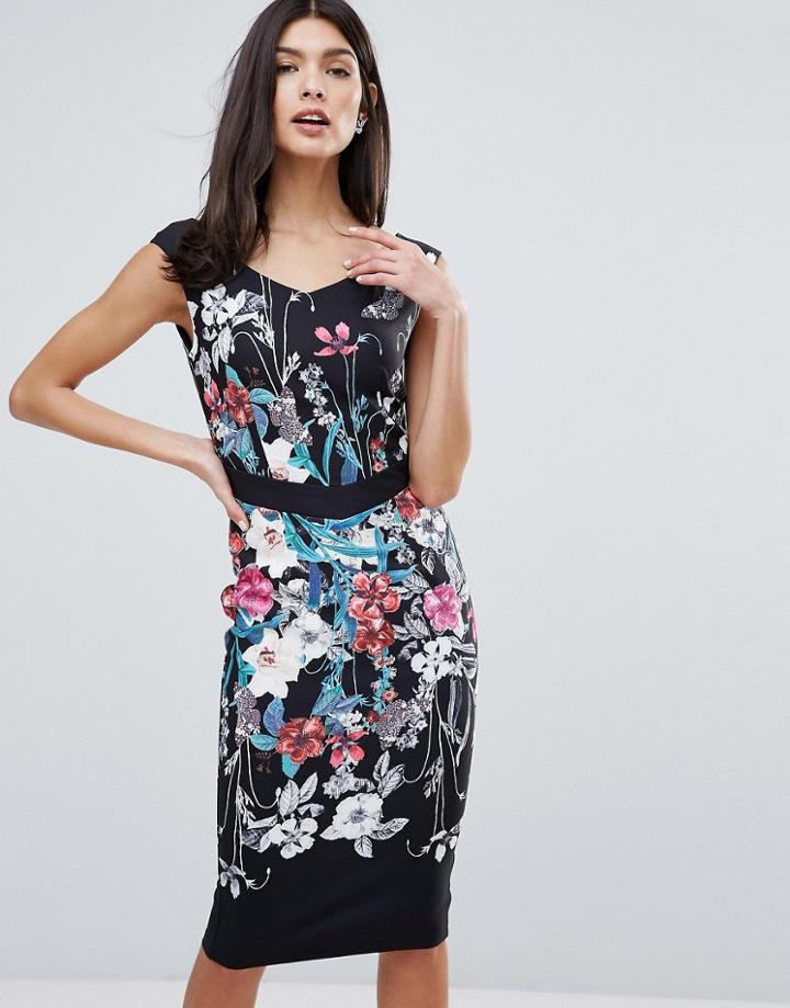 Little Mistress Bardot Pencil Dress In Floral Print - Multi