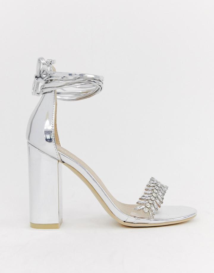 Be Mine Priya Silver Embellished Ankle Tie Heeled Sandals - Silver