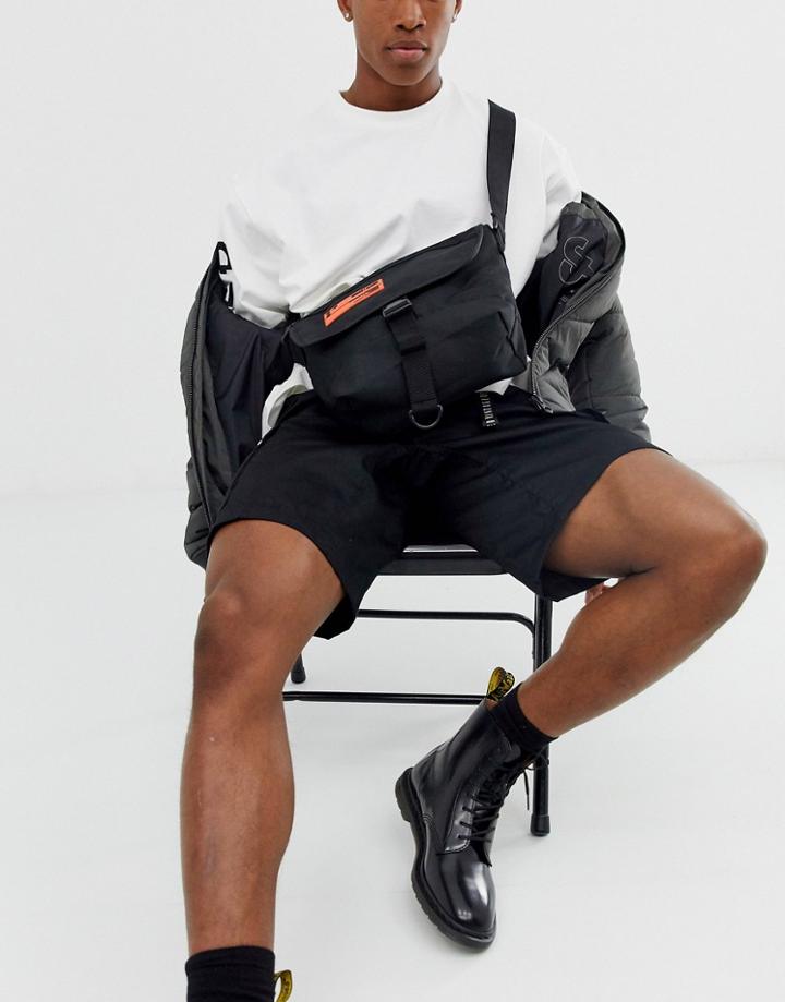 Asos Design Cross Body Mini Satchel In Black With Orange Rubberised Print