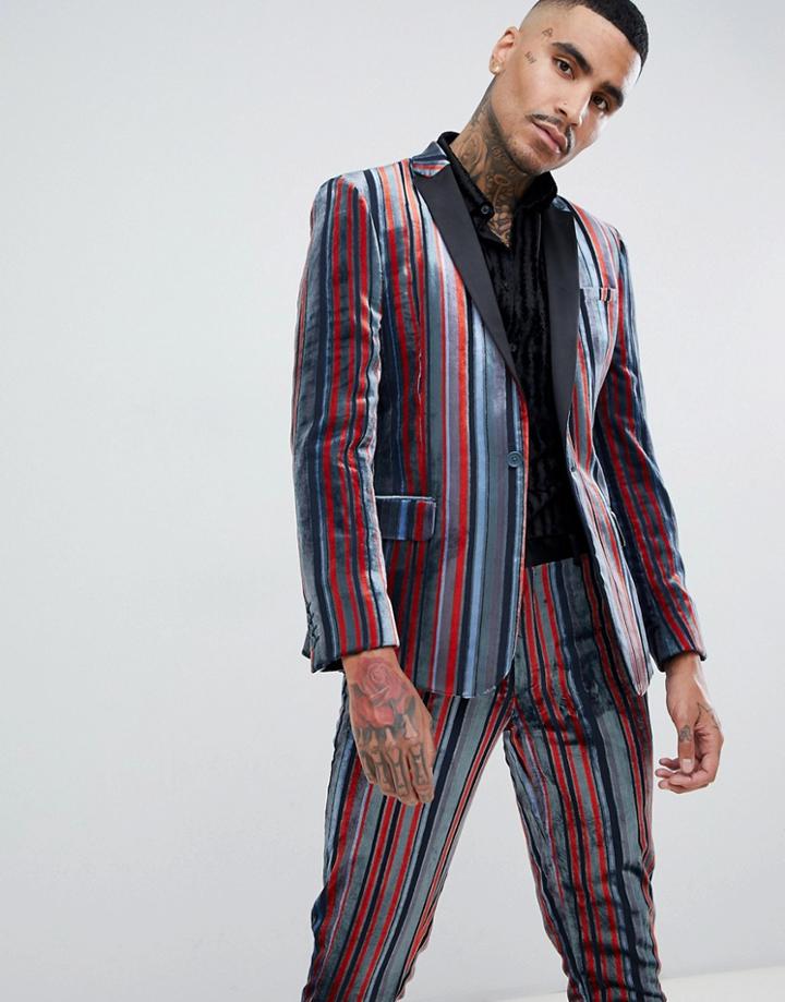 Asos Design Skinny Suit Jacket In Blue And Burgundy Velvet Stripe