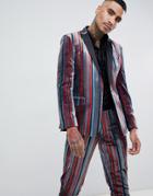 Asos Design Skinny Suit Jacket In Blue And Burgundy Velvet Stripe