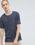 Asos Design Relaxed T-shirt With Vertical Stripe And Rose Embroidery - Navy