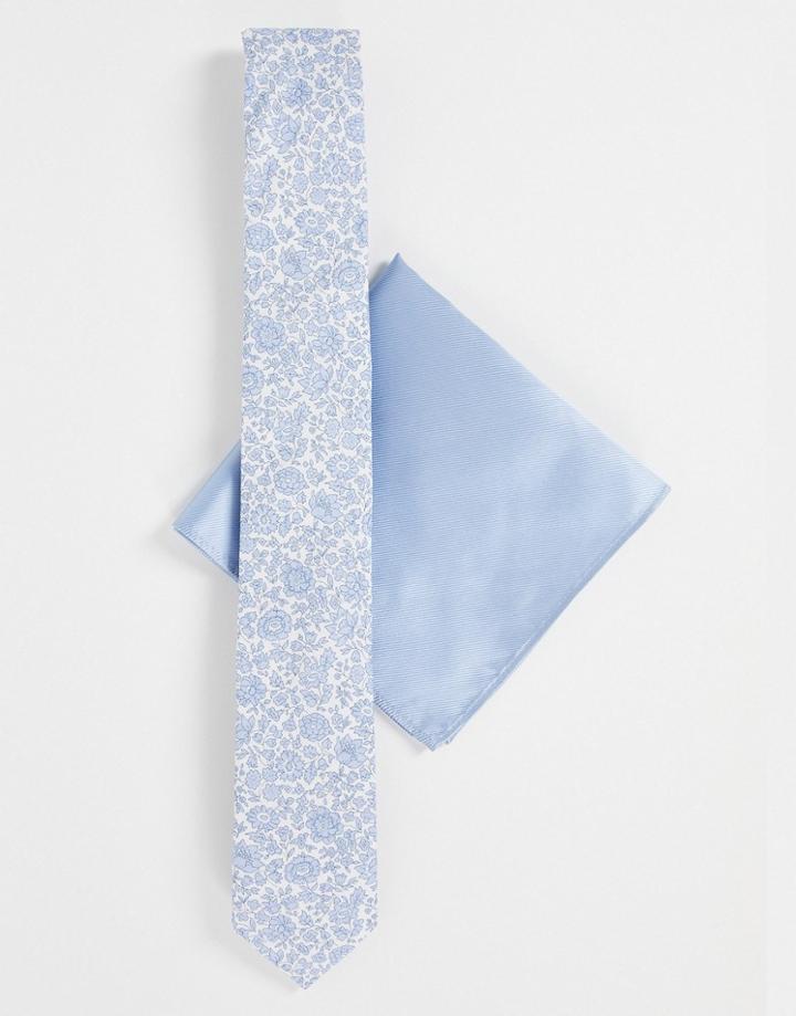 Gianni Feraud Liberty Print Floral Tie And Pocket Square Set-blues