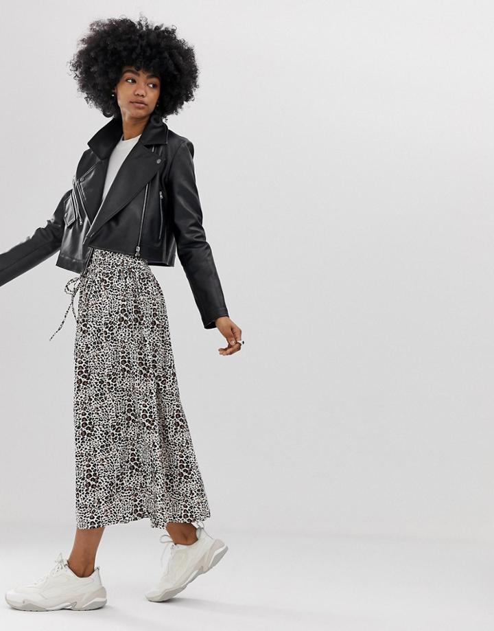 Asos Design Leopard Print Midi Skirt With Lace Up Waist Detail-multi