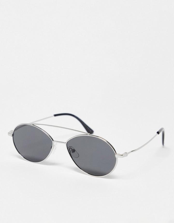 Svnx Mini Round Sunglasses With Double Bridge In Black And Silver