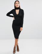 Club L Choker High Neck Crepe Detail Midi Dress - Black