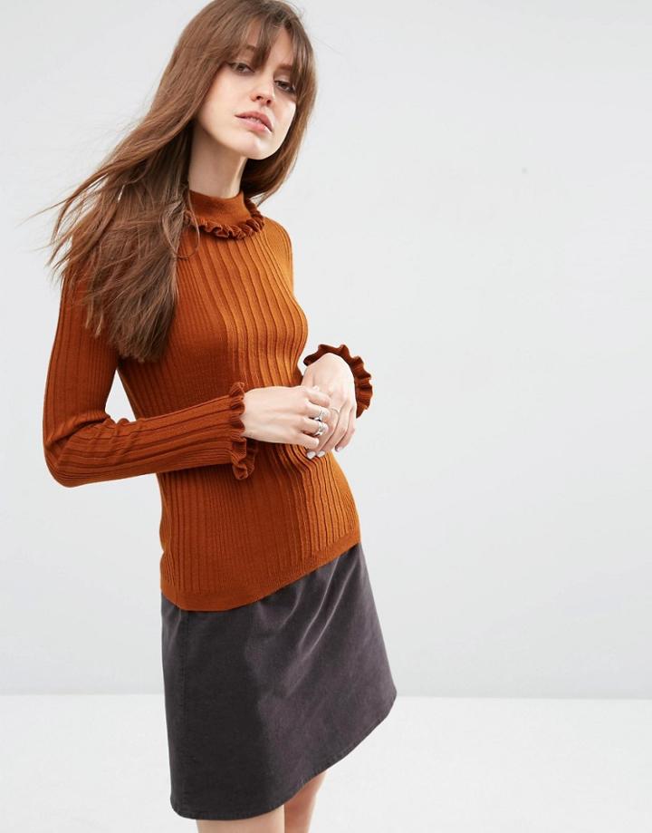 Asos Jumper In Rib With Ruffle Neck - Tobacco