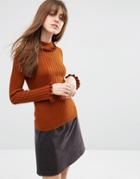 Asos Jumper In Rib With Ruffle Neck - Tobacco