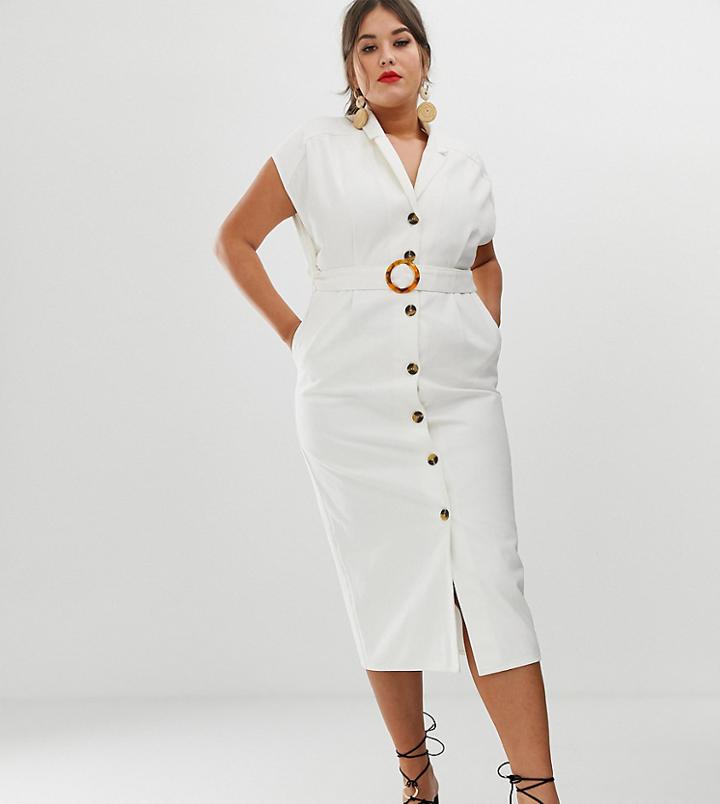 Asos Design Curve Denim Midi Shirt Dress With Belt And Open Back Detail - White