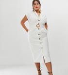 Asos Design Curve Denim Midi Shirt Dress With Belt And Open Back Detail - White