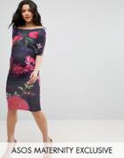 Asos Maternity Bardot Dress With Half Sleeve In Oversized Floral Print - Multi