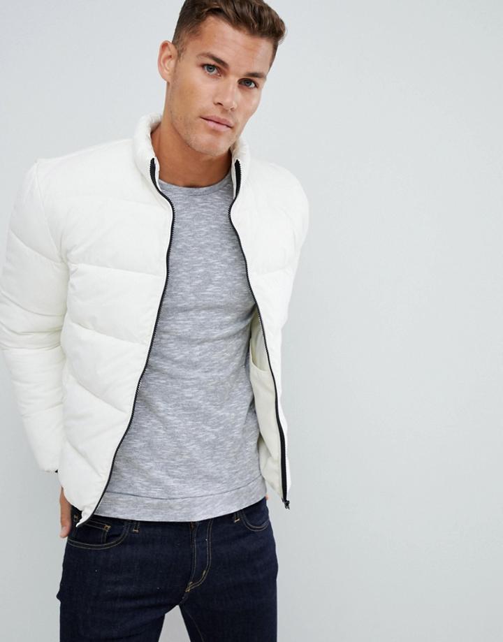Asos Design Puffer Jacket With Funnel In Ecru - Beige