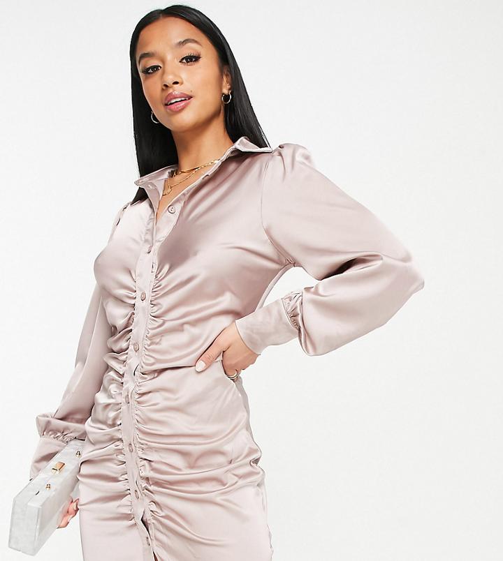 Parisian Petite Ruched Satin Mini Shirt Dress In Mocha-brown