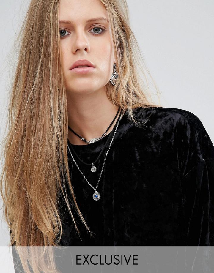 Reclaimed Vintage Multi Row Choker & Pendant Set - Black