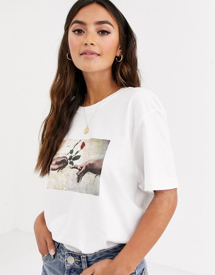 Daisy Street Relaxed T-shirt With Rose Graphic In Organic Cotton-white