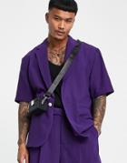 Asos Design Soft Tailored Short Sleeve Suit Jacket In Dark Purple Crepe