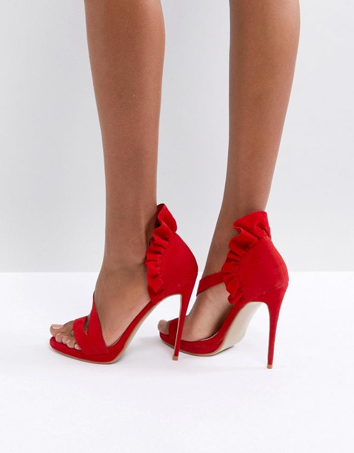 Prettylittlething Velvet Ruffle Heeled Sandal - Red