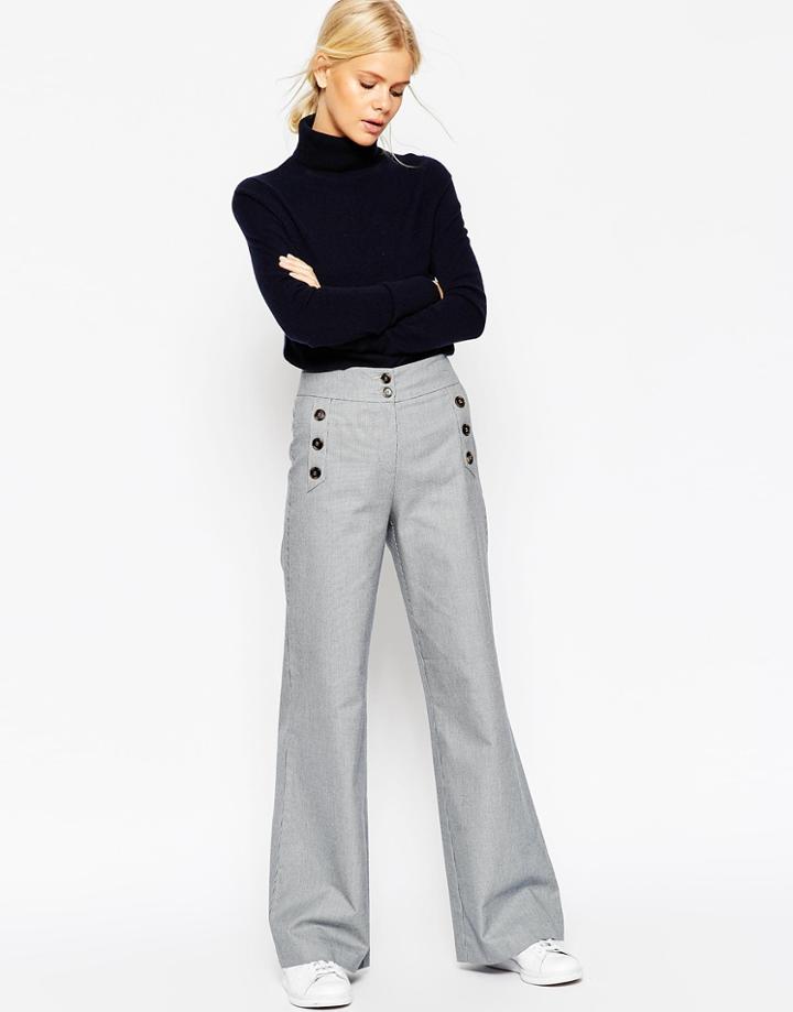Asos Wide Leg Mini Check Pants With Button Detail - Multi