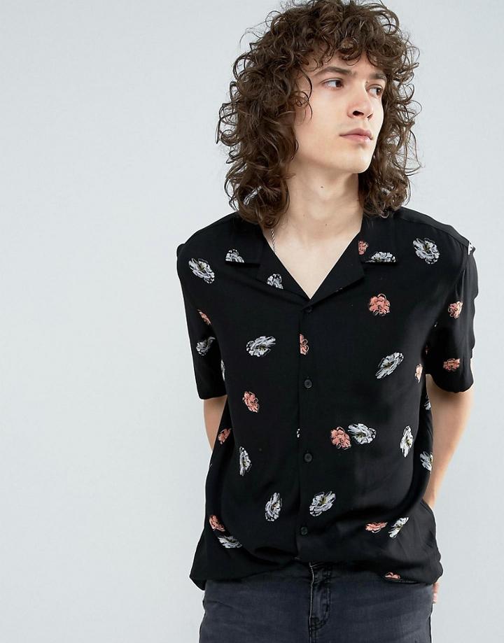 Asos Regular Fit Floral Viscose Shirt With Revere Collar - Black