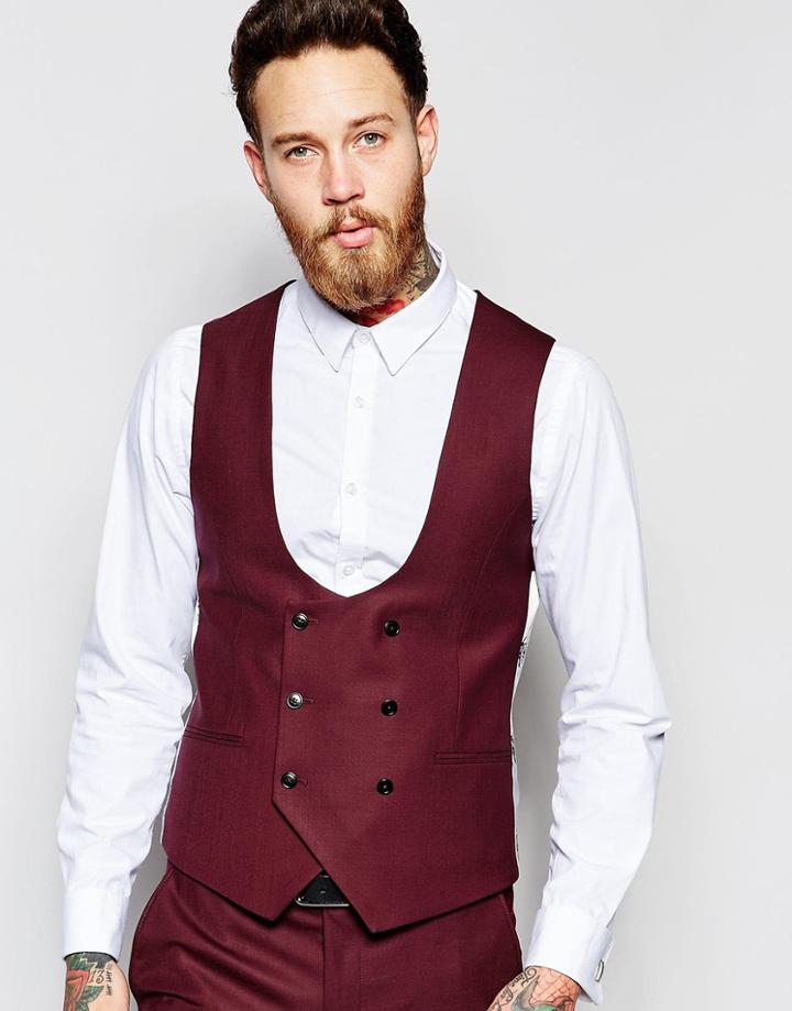 Noose & Monkey Double Breasted Vest With Stretch In Skinny Fit - Burgundy