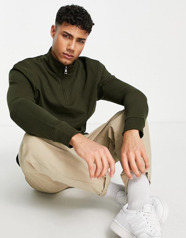 Brave Soul Half Zip Sweater In Mid Khaki-green