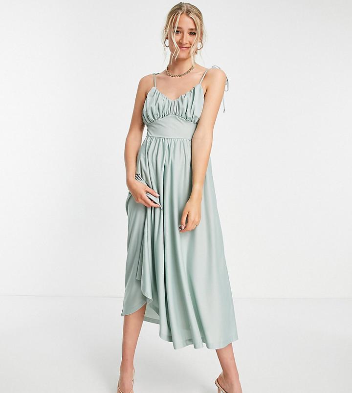 Asos Design Tall Spaghetti Strap Ruched Bust Midi Dress In Sage-green