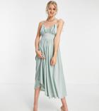 Asos Design Tall Spaghetti Strap Ruched Bust Midi Dress In Sage-green