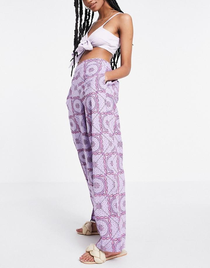 Y.a.s Organic Cotton Wide Leg Trouser Set In Purple Tile Print