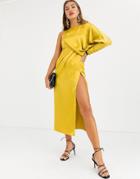 Asos Design Copenhagen Satin One Sleeve Midaxi Dress-gold