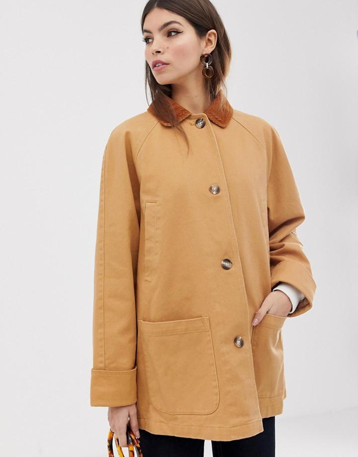 Asos Design Button Through Jacket With Cord Detail - Brown