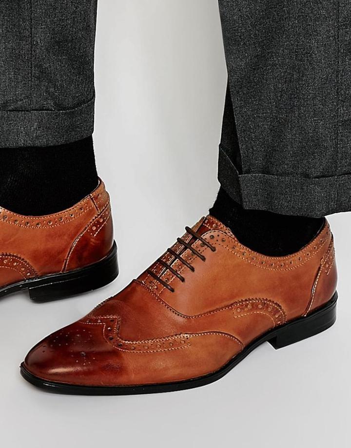 Asos Oxford Brogue Shoes In Brown Polish Leather - Brown
