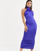 Asos Design Stretch Satin Halter Ruched Hem Maxi Dress - Blue