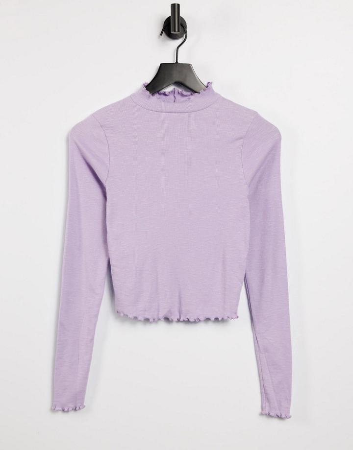 Asos Design Turtle Neck Crop Top With Lettuce Edge In Lilac-purple