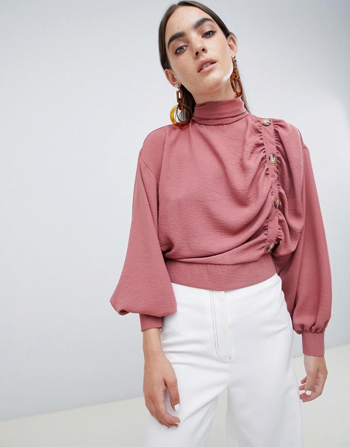 Asos Design Top With Ruched Side And Button Detail - Pink